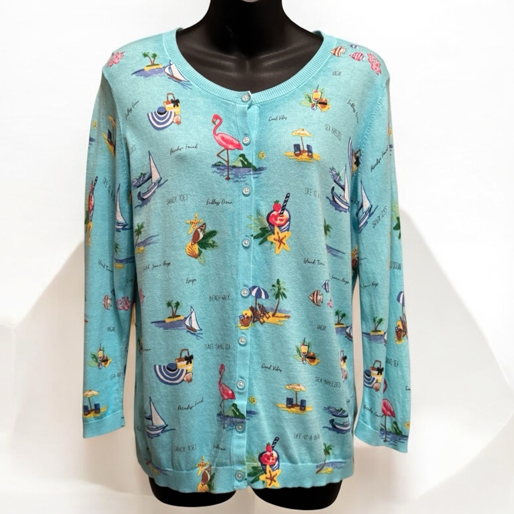 Talbots Lightweight Blue Beach Pattern Cardigan S… - image 4